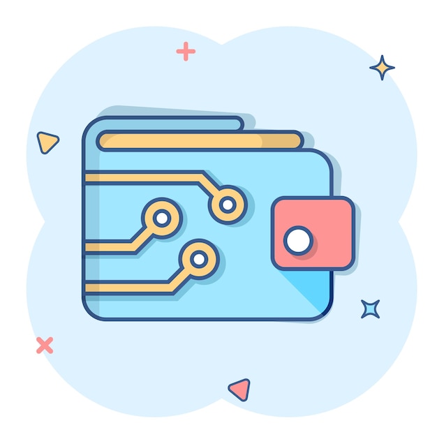 Icono de billetera digital en estilo cómico Bolsa criptográfica vector ilustración de dibujos animados pictograma Finanzas en línea comercio electrónico concepto de negocio efecto de salpicadura