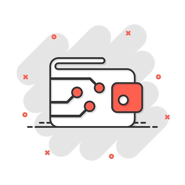 Icono de billetera digital en estilo cómico Ilustración de dibujos animados de vector de bolsa criptográfica Pictograma de finanzas en línea concepto de negocio de comercio electrónico efecto de salpicaduras