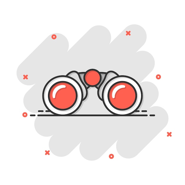 Icono binocular en estilo cómico Busca ilustración vectorial de dibujos animados en un fondo blanco aislado Zoom efecto salpicaduras concepto de negocio