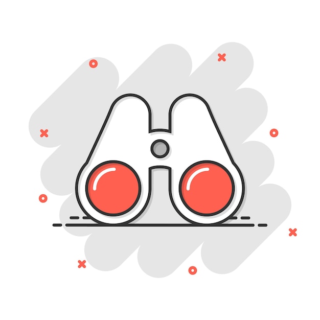 Icono binocular en estilo cómico Busca ilustración vectorial de dibujos animados en un fondo blanco aislado Zoom efecto salpicaduras concepto de negocio
