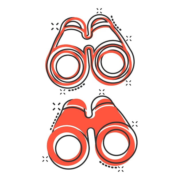 Icono binocular en estilo cómico Busca ilustración vectorial de dibujos animados en un fondo blanco aislado Zoom efecto salpicaduras concepto de negocio
