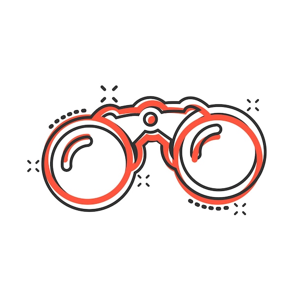 Icono binocular en estilo cómico Busca ilustración vectorial de dibujos animados en un fondo blanco aislado Zoom efecto salpicaduras concepto de negocio