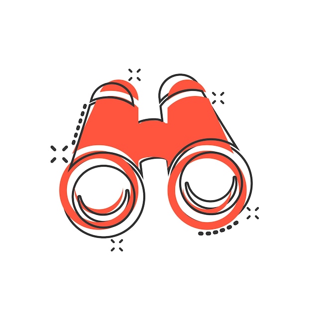 Icono binocular en estilo cómico Busca ilustración vectorial de dibujos animados en un fondo blanco aislado Zoom efecto salpicaduras concepto de negocio