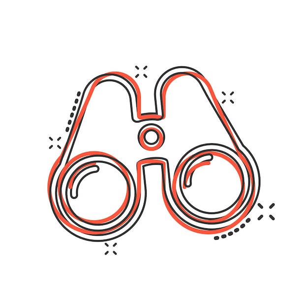 Icono binocular en estilo cómico Busca ilustración vectorial de dibujos animados en un fondo blanco aislado Zoom efecto salpicaduras concepto de negocio