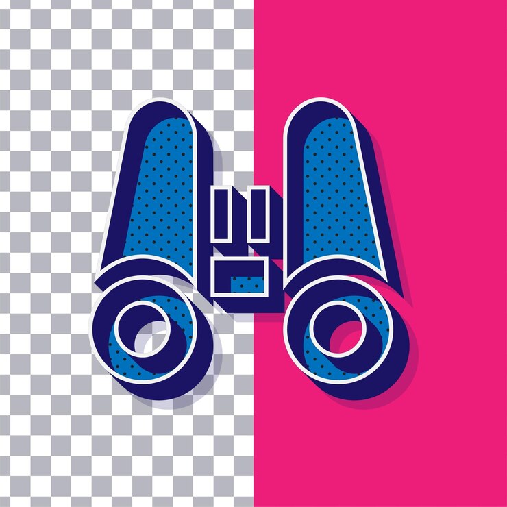 Vector icono binocular de punto azul retro 3d en un fondo rosado ajustable