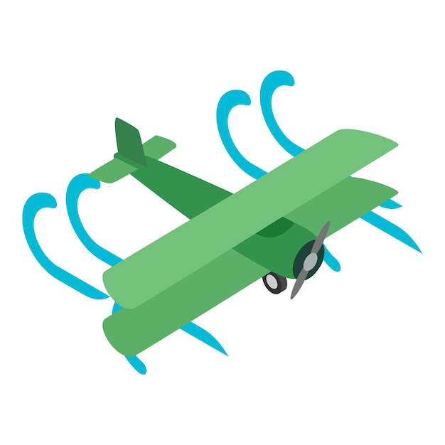Icono de biplano vector isométrico biplano verde de un solo rotor volando en flujo de aire transporte aéreo de avión retro