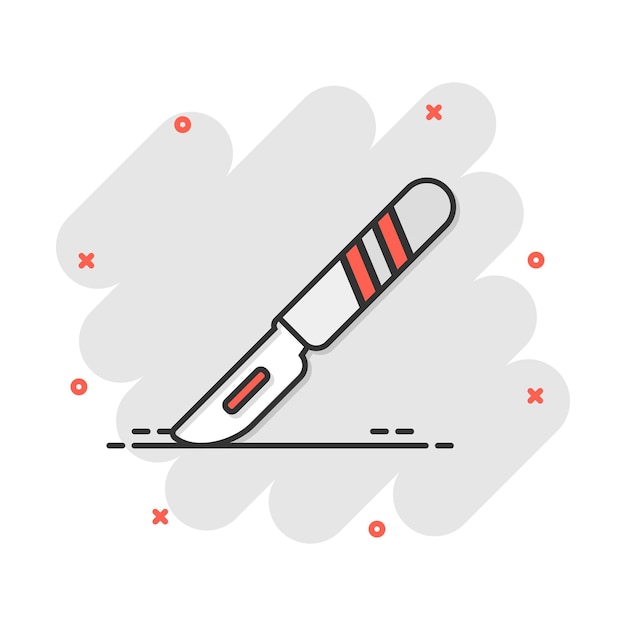Icono de bisturí médico de dibujos animados vectoriales en estilo cómico Hospital cirugía cuchillo signo ilustración pictograma Bisturí negocio efecto de salpicadura concepto
