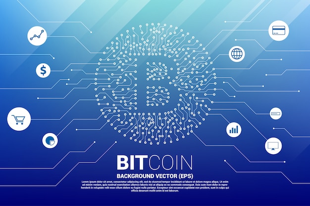 El icono de bitcoin del vector del punto del estilo de la placa de circuito conecta la línea con el icono funcional.