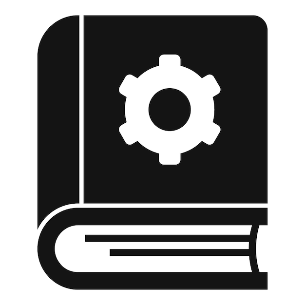 Un icono en blanco y negro con un libro con un engranaje que representa un manual técnico