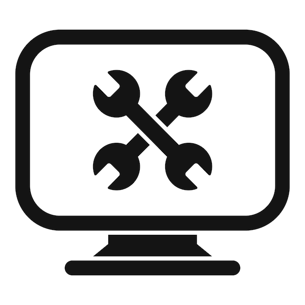 Icono en blanco y negro de la pantalla de la computadora con llaves que simbolizan el soporte técnico