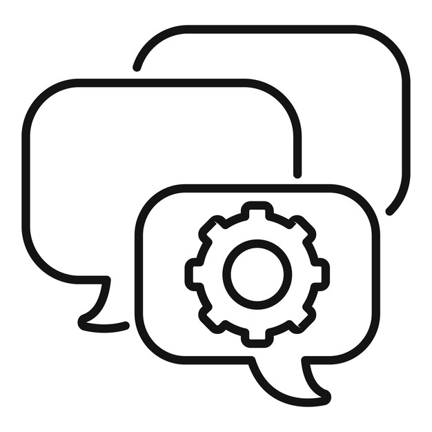 Icono en blanco y negro que ilustra una conversación con un símbolo de engranaje que representa una discusión técnica o de ingeniería