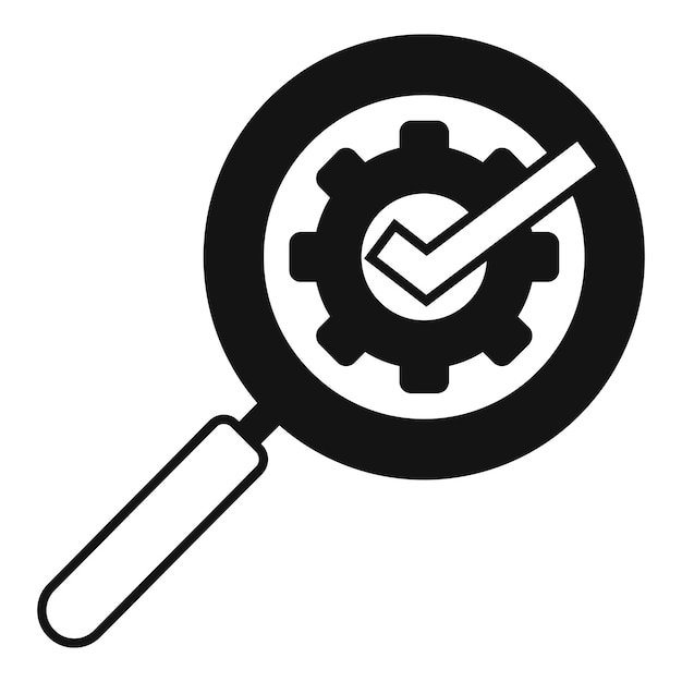 Icono en blanco y negro que representa una lupa sobre un engranaje con una marca de comprobación que simboliza la inspección