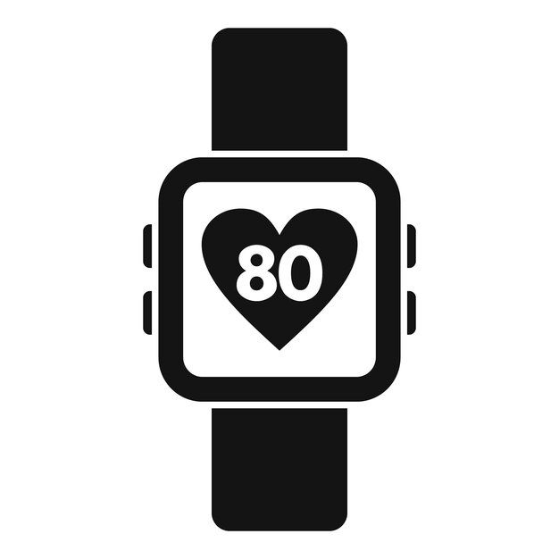 Icono en blanco y negro de un reloj inteligente que muestra una frecuencia cardíaca de 80 latidos por minuto ideal para aplicaciones de fitness