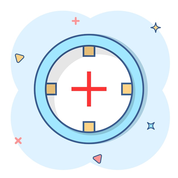 Icono de blanco de tiro de dibujos animados de vector en estilo cómico Pictograma de ilustración de concepto de francotirador de objetivo Concepto de efecto de salpicadura de negocio de objetivo objetivo