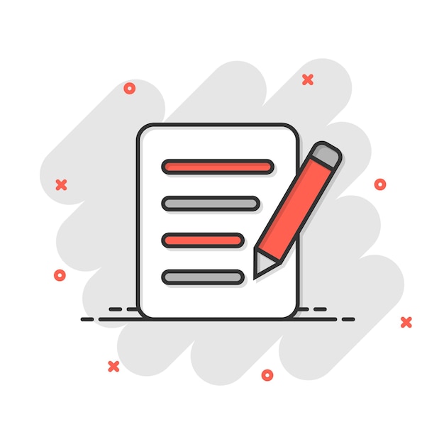Icono de blogs en estilo cómico Documento con pluma ilustración vectorial de dibujos animados sobre fondo blanco aislado Concepto de negocio de efecto de salpicadura de contenido