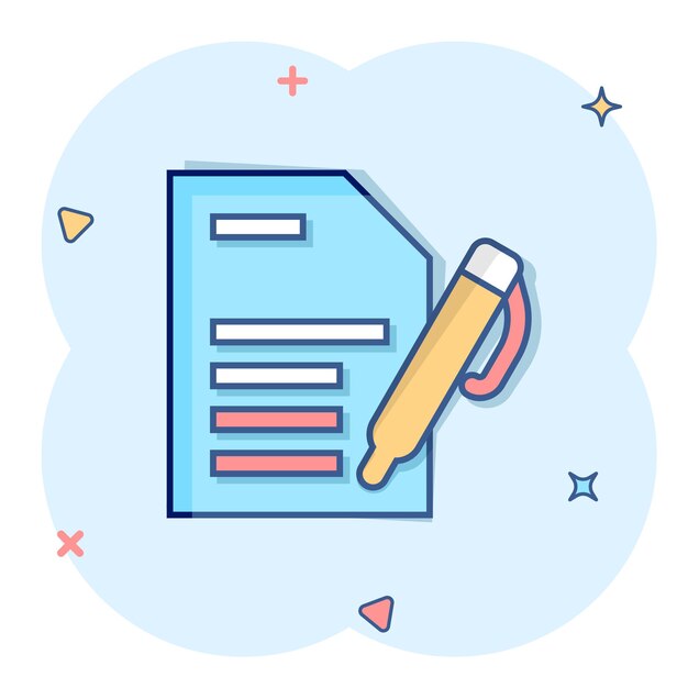 Icono de blogs en estilo cómico Documento con pluma ilustración vectorial de dibujos animados sobre fondo blanco aislado Concepto de negocio de efecto de salpicadura de contenido