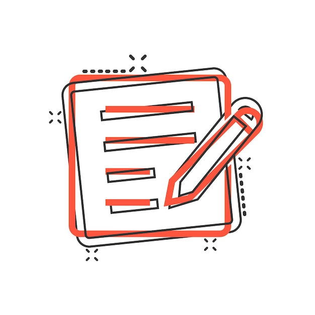 Icono de blogs en estilo cómico Documento con pluma ilustración vectorial de dibujos animados sobre fondo blanco aislado Concepto de negocio de efecto de salpicadura de contenido