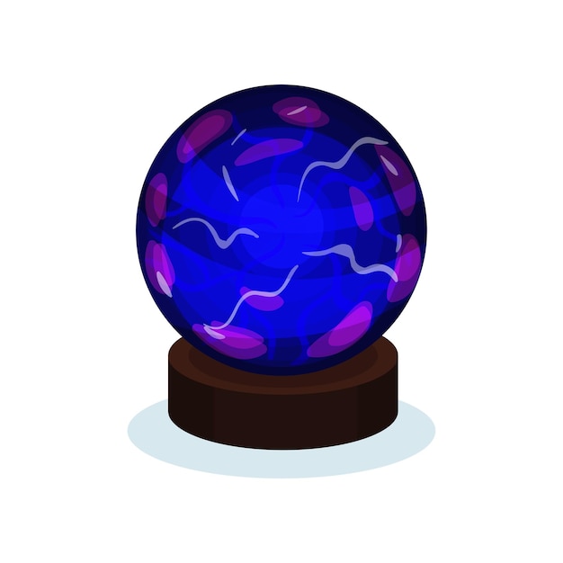 Icono de bola mágica azul brillante con brillo púrpura Esfera de vidrio en soporte de madera marrón Elemento decorativo para pancarta o cartel Ilustración vectorial colorida en estilo plano aislada sobre fondo blanco