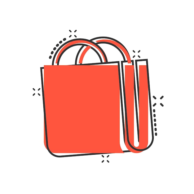 Icono de bolsa de compras en estilo cómic ilustración de vector de signo de dibujos animados de bolso sobre fondo blanco aislado concepto de negocio de efecto de salpicadura de paquete