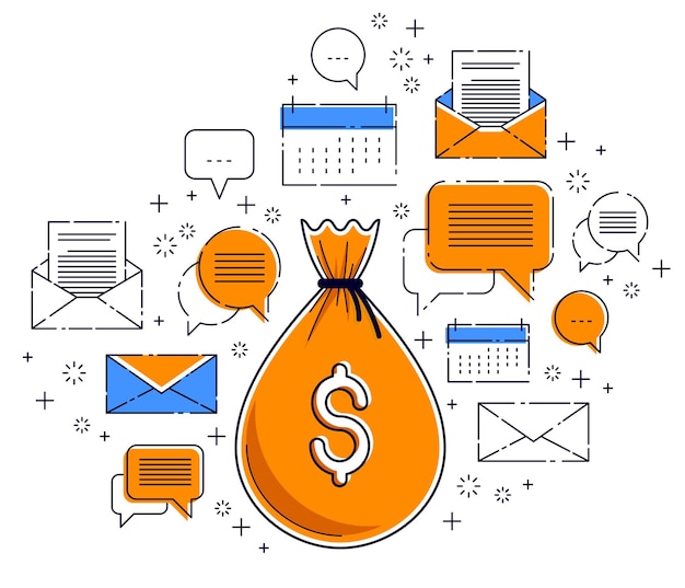 Icono y bolsa de dinero conjunto de diseño vectorial, concepto de ahorro o inversión, pagos en línea, mercado o tienda.