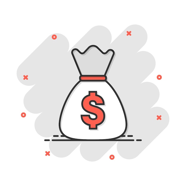Icono de bolsa de dinero de dibujos animados vectoriales en estilo cómic Bolsa de dinero con pictograma de ilustración en dólares Concepto de efecto de salpicaduras de saco de dinero