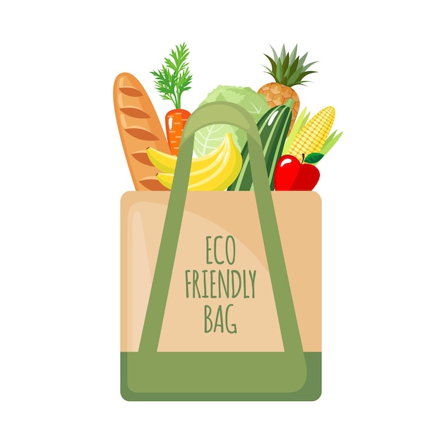 Vector icono de bolsa ecológica con productos en estilo plano