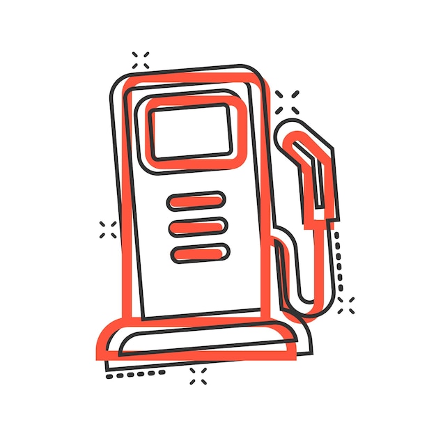 Vector icono de bomba de combustible en estilo cómic ilustración de vector de signo de dibujos animados de gasolinera sobre fondo blanco aislado concepto de negocio de efecto de salpicadura de gasolina