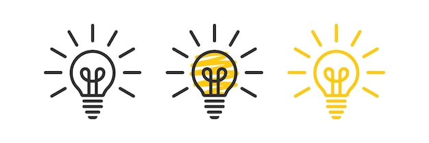 Icono de bombilla Señales de luz Símbolo de idea creativa Símbolos mentales Iconos de bombilla Color amarillo negro Vector signo aislado