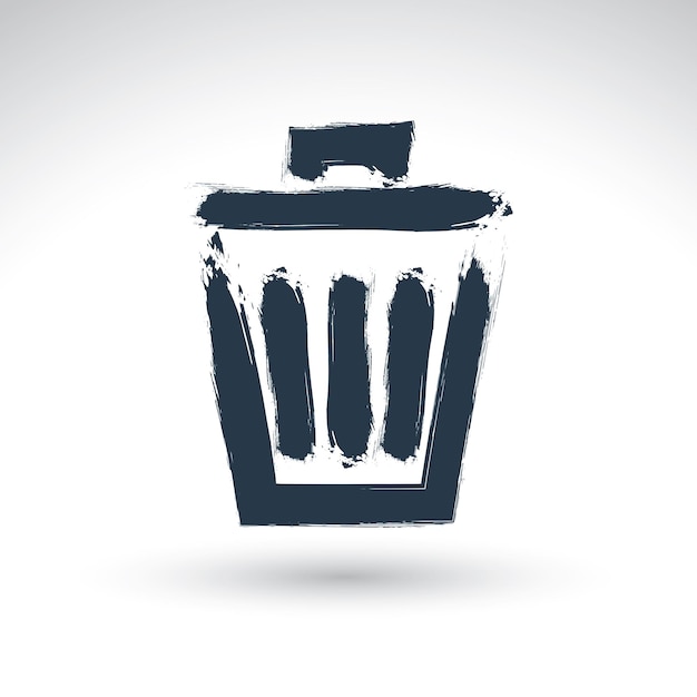 Icono de bote de basura vectorial simple pintado a mano aislado en fondo blanco, símbolo de cubo de basura metálico, creado con pincel de tinta real dibujado a mano escaneado y vectorizado.