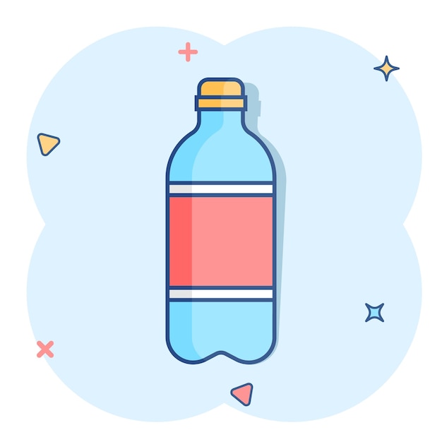 Icono de botella de agua en estilo cómico botella de refresco de plástico vector ilustración de dibujos animados pictograma efecto de salpicadura de concepto de negocio de agua líquida