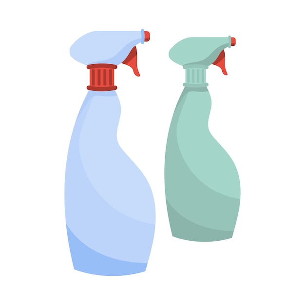Icono de botellas de limpieza de pulverización Dos botellas de plástico de pulverización en colores azul y verde Utilizadas para limpieza y saneamiento doméstico