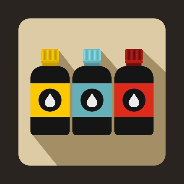 Vector icono de botellas de tinta de impresora en estilo plano sobre un fondo marrón