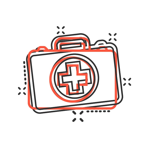Icono de botiquín de primeros auxilios en estilo cómico Ayuda de salud y diagnóstico médico ilustración de dibujos animados vectoriales sobre fondo blanco aislado Efecto de salpicadura de concepto de negocio de bolsa de médico