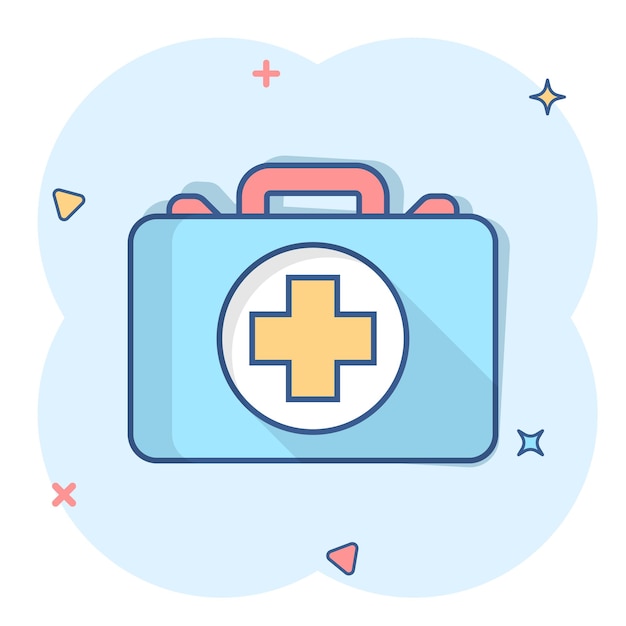 Icono de botiquín de primeros auxilios en estilo cómico Ayuda sanitaria y diagnóstico médico ilustración de dibujos animados vectoriales sobre fondo blanco aislado Efecto de salpicadura de concepto de negocio de bolsa de médico