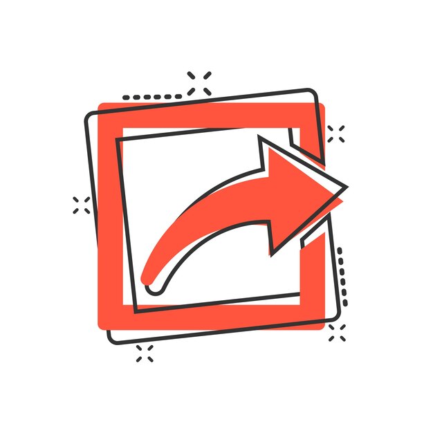 Icono de botón Compartir en estilo cómico Ilustración de vector de signo de dibujos animados de flecha sobre fondo blanco aislado Concepto de negocio de efecto de salpicadura de envío de archivo