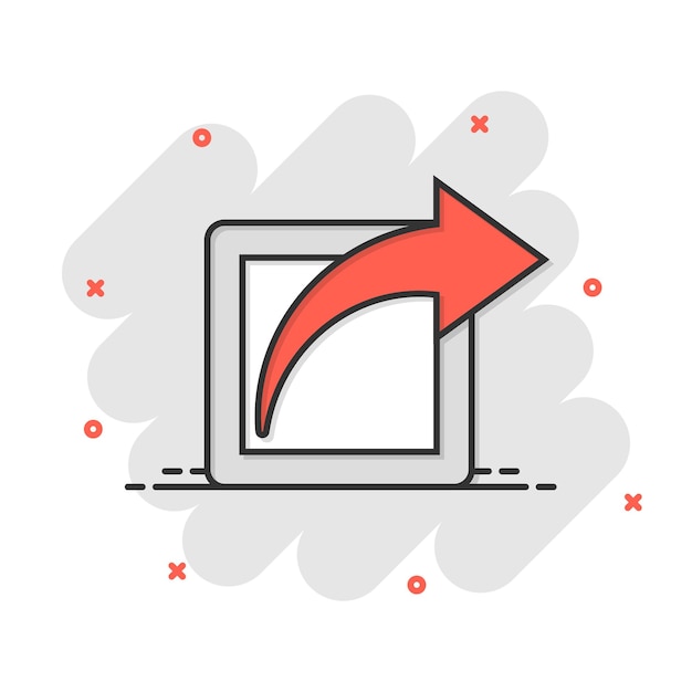Icono de botón Compartir en estilo cómico Ilustración de vector de signo de dibujos animados de flecha sobre fondo blanco aislado Concepto de negocio de efecto de salpicadura de envío de archivo