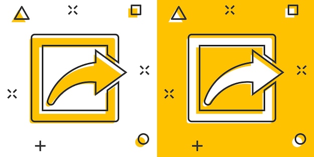 Icono de botón compartir en estilo cómico ilustración de vector de signo de dibujos animados de flecha sobre fondo blanco aislado concepto de negocio de efecto de salpicadura de envío de archivo