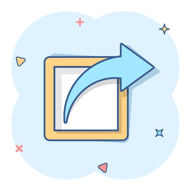 Icono de botón Compartir en estilo cómico Ilustración de vector de signo de dibujos animados de flecha sobre fondo blanco aislado Concepto de negocio de efecto de salpicadura de envío de archivo