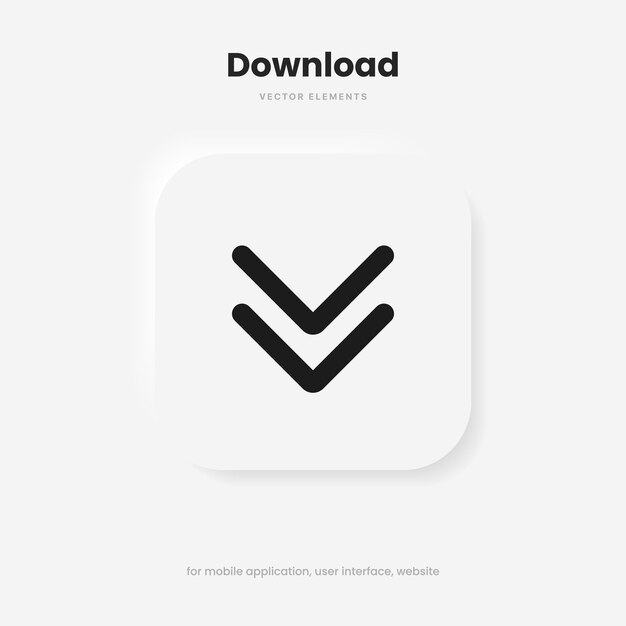 Icono de botón de descarga 3D. Subir icono. Símbolo del lado inferior de la flecha hacia abajo. Haga clic aquí botón para UI UX