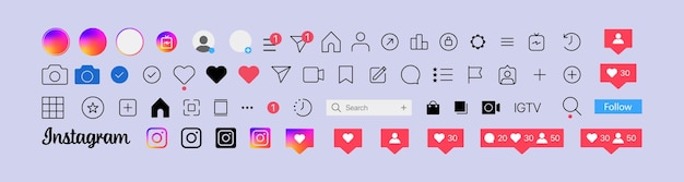 Icono de botón de Instagram Establecer plantilla de interfaz de red social y redes sociales de pantalla de instagram Historias botón de usuario símbolo signo logotipo Historias me gusta flujo Editorial ilustración vectorial