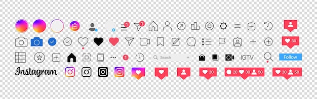 Icono del botón de Instagram Establezca la pantalla de Instagram plantilla de interfaz de redes sociales y redes sociales Historias símbolo del botón del usuario logotipo Historias gustado flujo fondo transparente Editorial