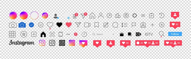 Vector icono del botón de instagram establezca la pantalla de instagram plantilla de interfaz de redes sociales y redes sociales historias símbolo del botón del usuario logotipo historias gustado flujo fondo transparente editorial