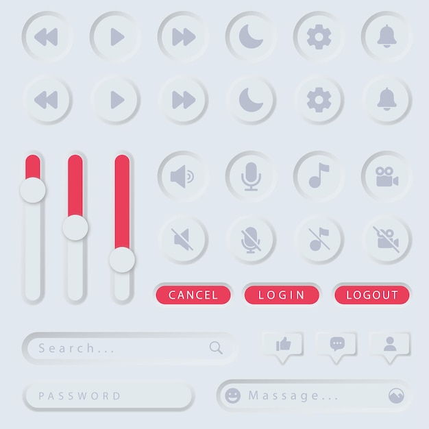 Icono de botón de interfaz de usuario neumórfico Conjunto de elementos de colección Diseño Ilustración Vector Stock