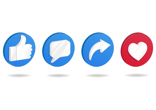 Vector icono de botón en las redes sociales. pulgar hacia arriba y el icono del corazón con los iconos de volver a publicar y comentar.