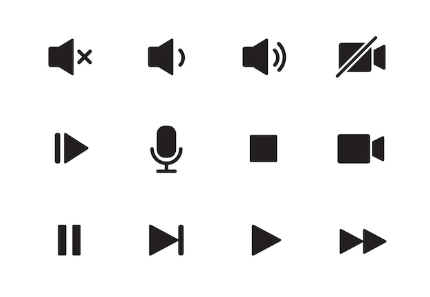 El icono del botón del reproductor de música de audio y video, el botón de pausa de reproducción del control de sonido, el icono del conjunto sólido, el pictograma de la interfaz del micrófono de control de medios de la cámara, el vector.