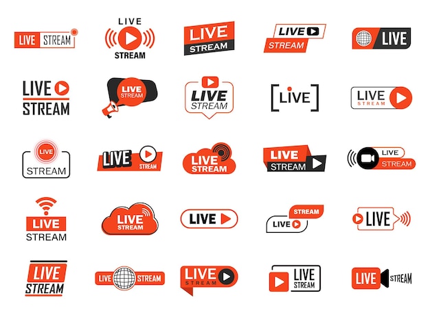 El icono del botón de transmisión en vivo se establece en estilo plano Ilustración vectorial de webinar en un fondo aislado Concepto de negocio de señales de transmisión