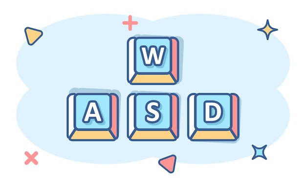 Icono de botón Wasd en estilo cómic Ilustración de vector de dibujos animados de teclado sobre fondo blanco aislado Concepto de negocio de efecto de salpicadura de Cybersport