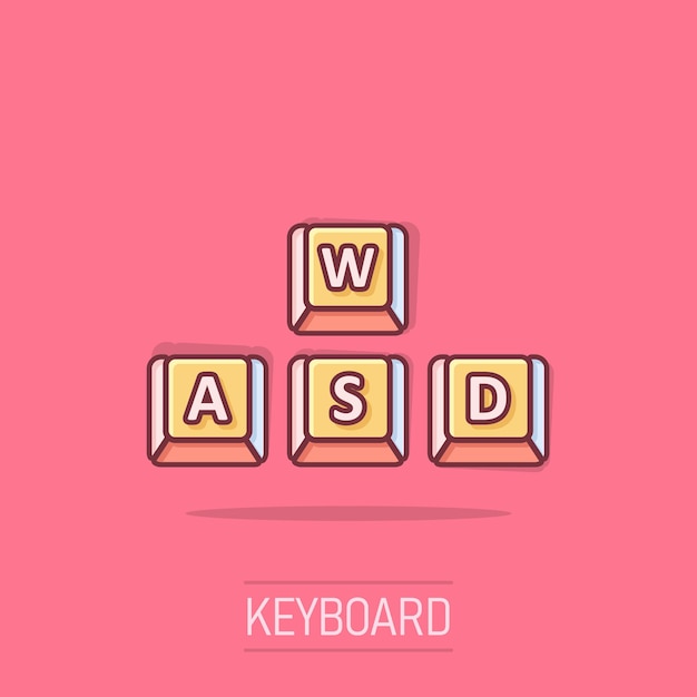 Icono del botón Wasd en estilo cómico Ilustración vectorial de dibujos animados del teclado en un fondo aislado Concepto de negocio de efecto de salpicaduras de Cybersport