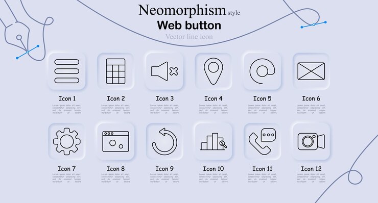 Vector el icono del botón web se establece en estilo de neomorfismo menú cuadrícula silenciar ubicación pin espiral configuración de correo electrónico página web actualizar gráfico llamada telefónica cámara vector línea arte