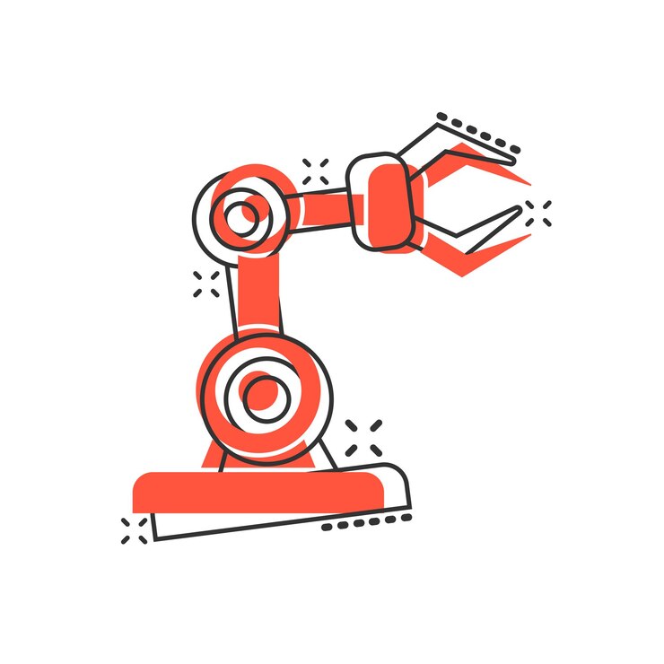 Vector icono de brazo de robot en estilo cómic ilustración de vector de dibujos animados de manipulador mecánico sobre fondo blanco aislado concepto de negocio de efecto de salpicadura de máquina